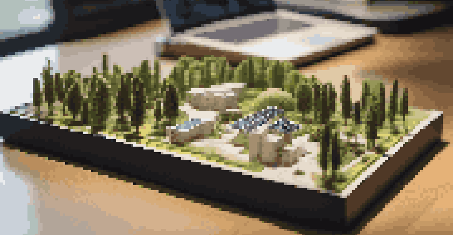Close-up of a detailed 3D printed model of a sustainable city, with a laptop in the background showing urban planning software.
