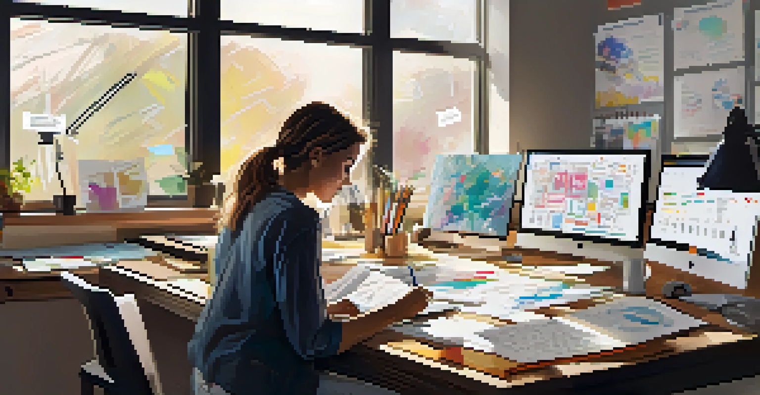 A designer at a desk surrounded by sketches and notes, working on infographic design tools with natural light coming through the window.