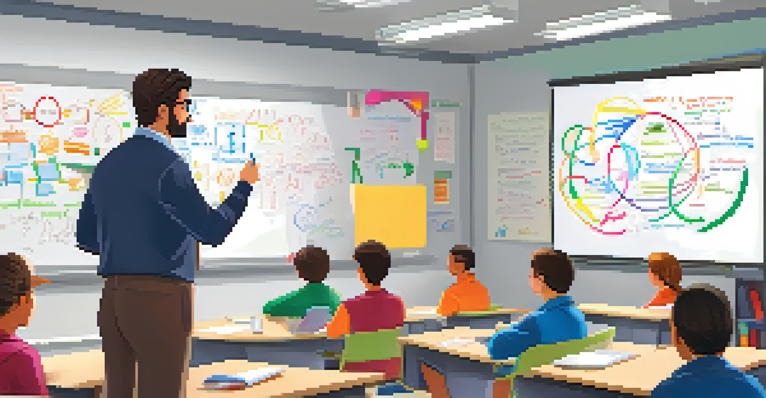 A teacher explaining a concept in a modern classroom with students attentively listening.