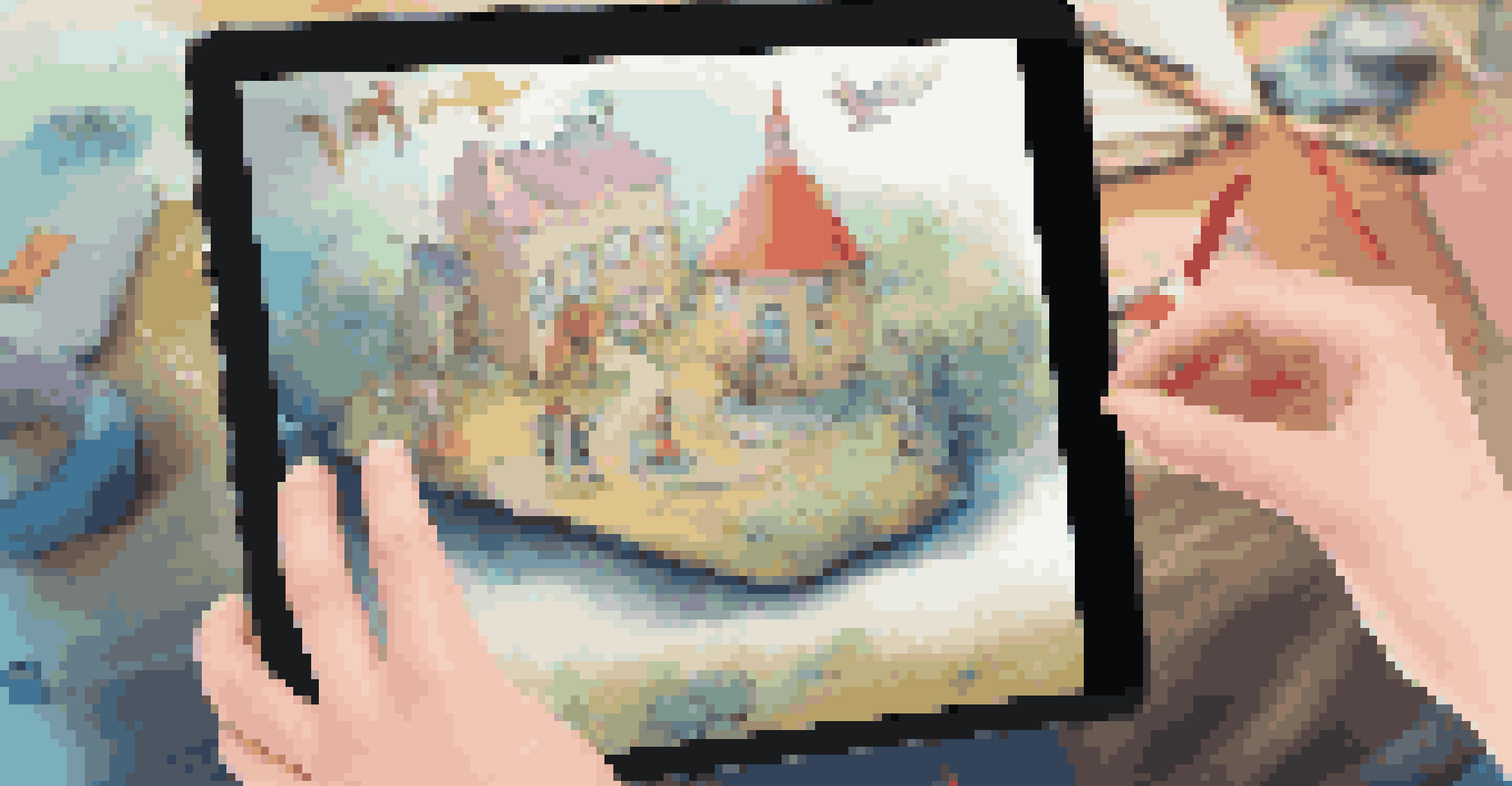 A close-up image of a student holding a tablet with an interactive AR story, featuring a colorful character emerging from the screen.