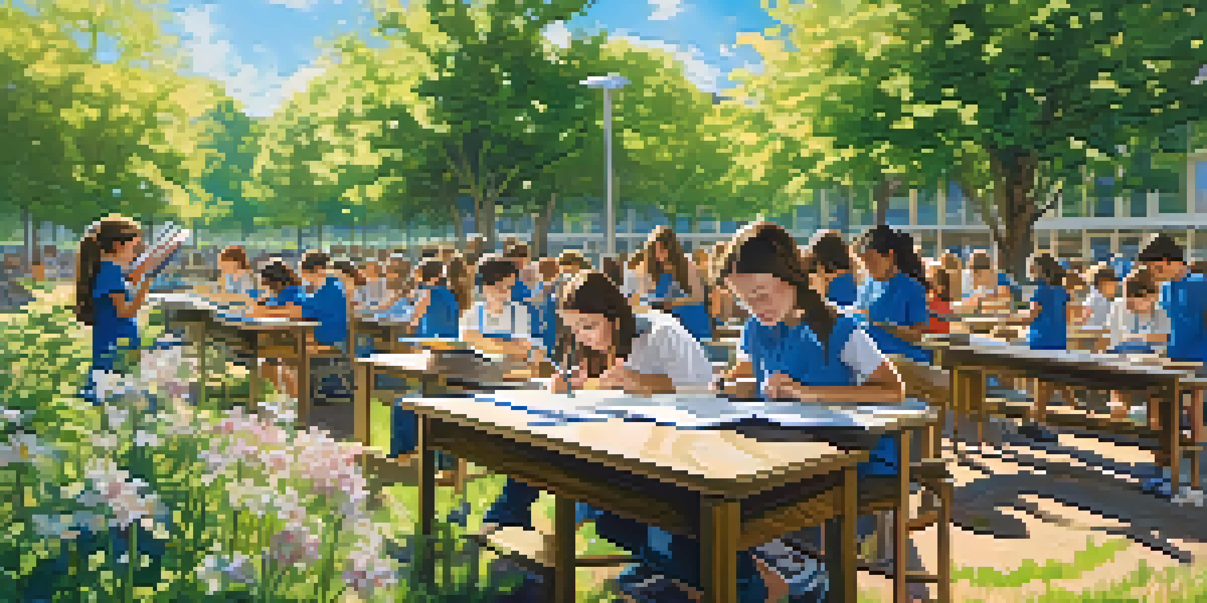 Students conducting a science experiment outdoors in a colorful and sunny environment, surrounded by nature.