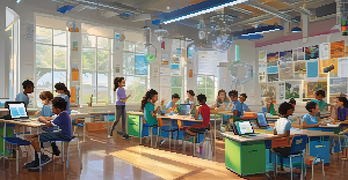 A diverse group of students in a bright classroom working together on a STEM project involving robotics and technology.