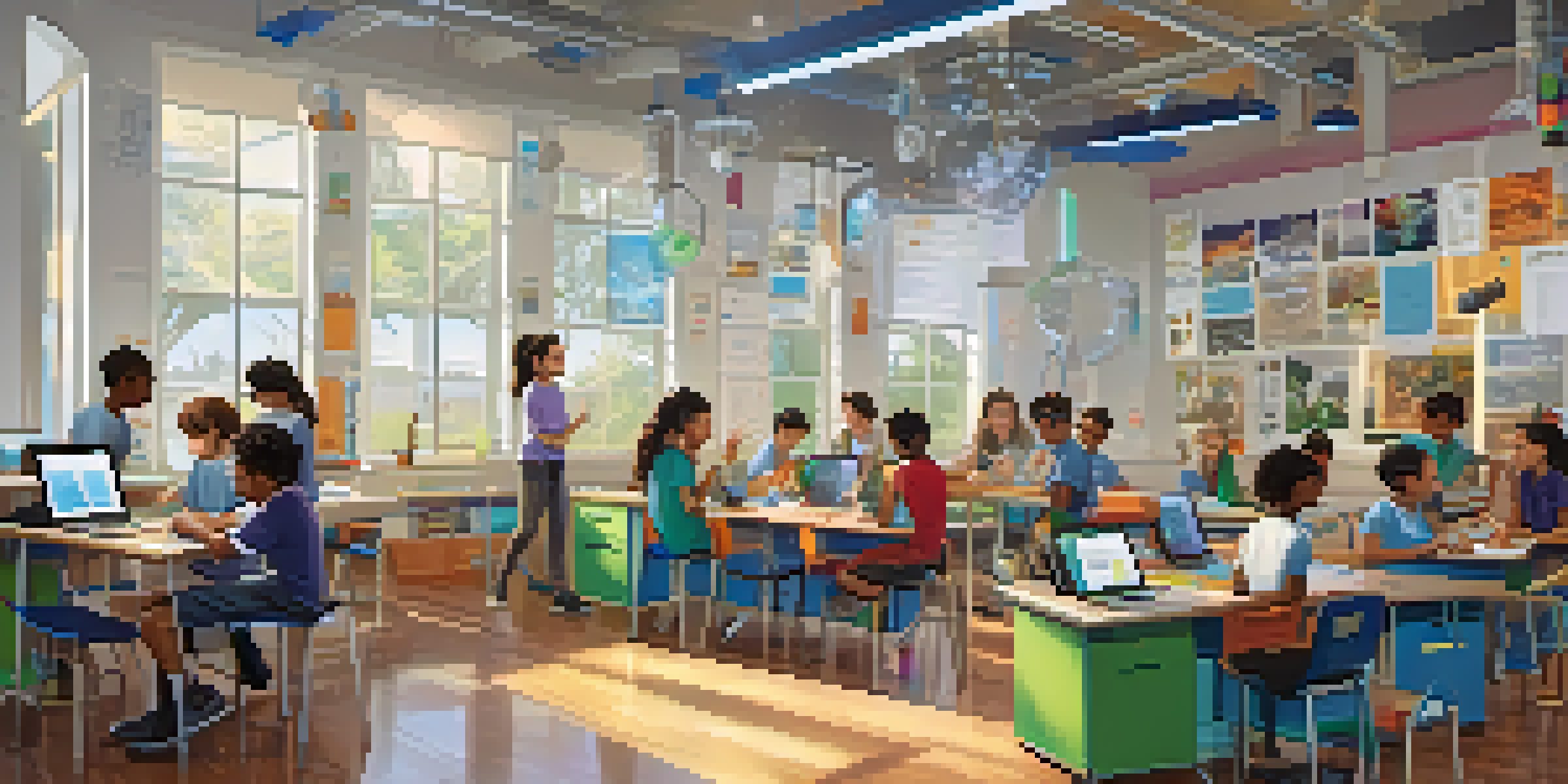 A diverse group of students in a bright classroom working together on a STEM project involving robotics and technology.