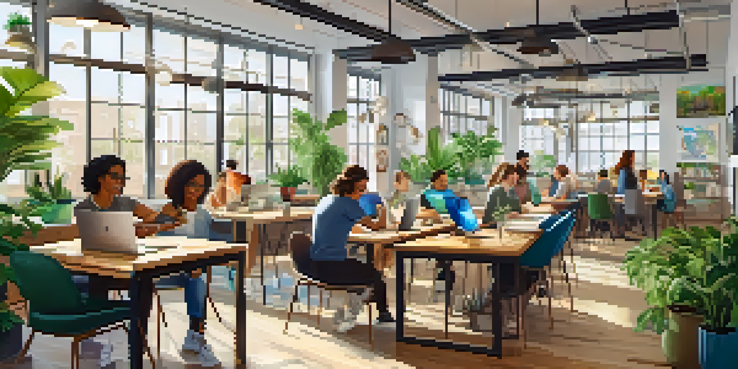 A diverse group of people studying together in a bright co-working space filled with plants and natural light.