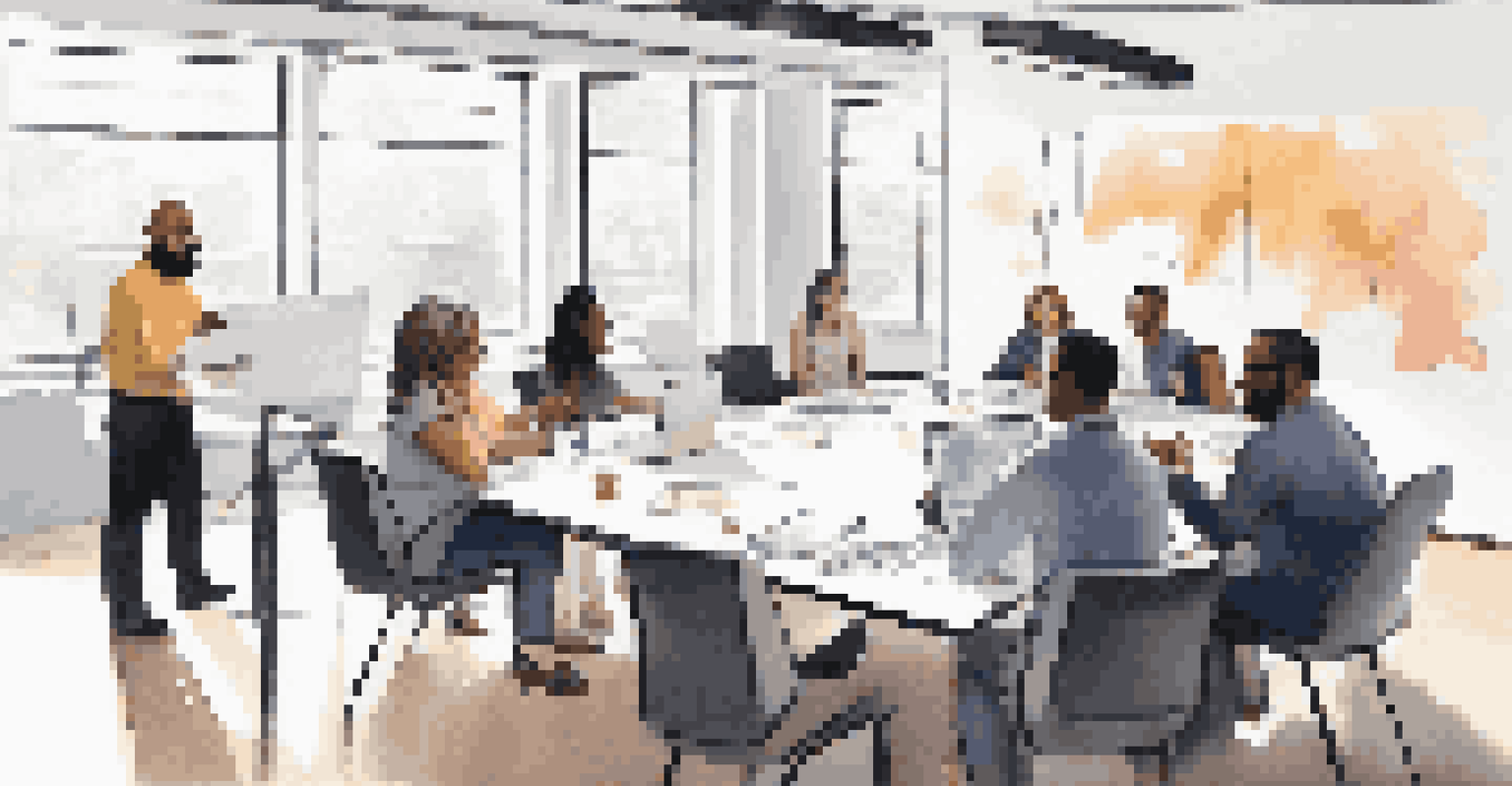 A diverse group of professionals in a meeting, discussing their digital portfolios and providing feedback to each other.