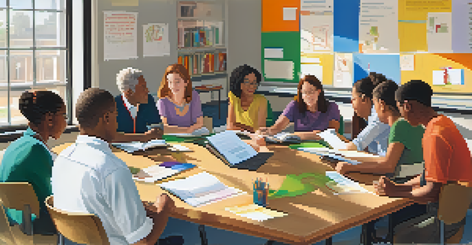 A diverse group of adult learners in a cozy classroom, participating in a group discussion with a whiteboard in the background.