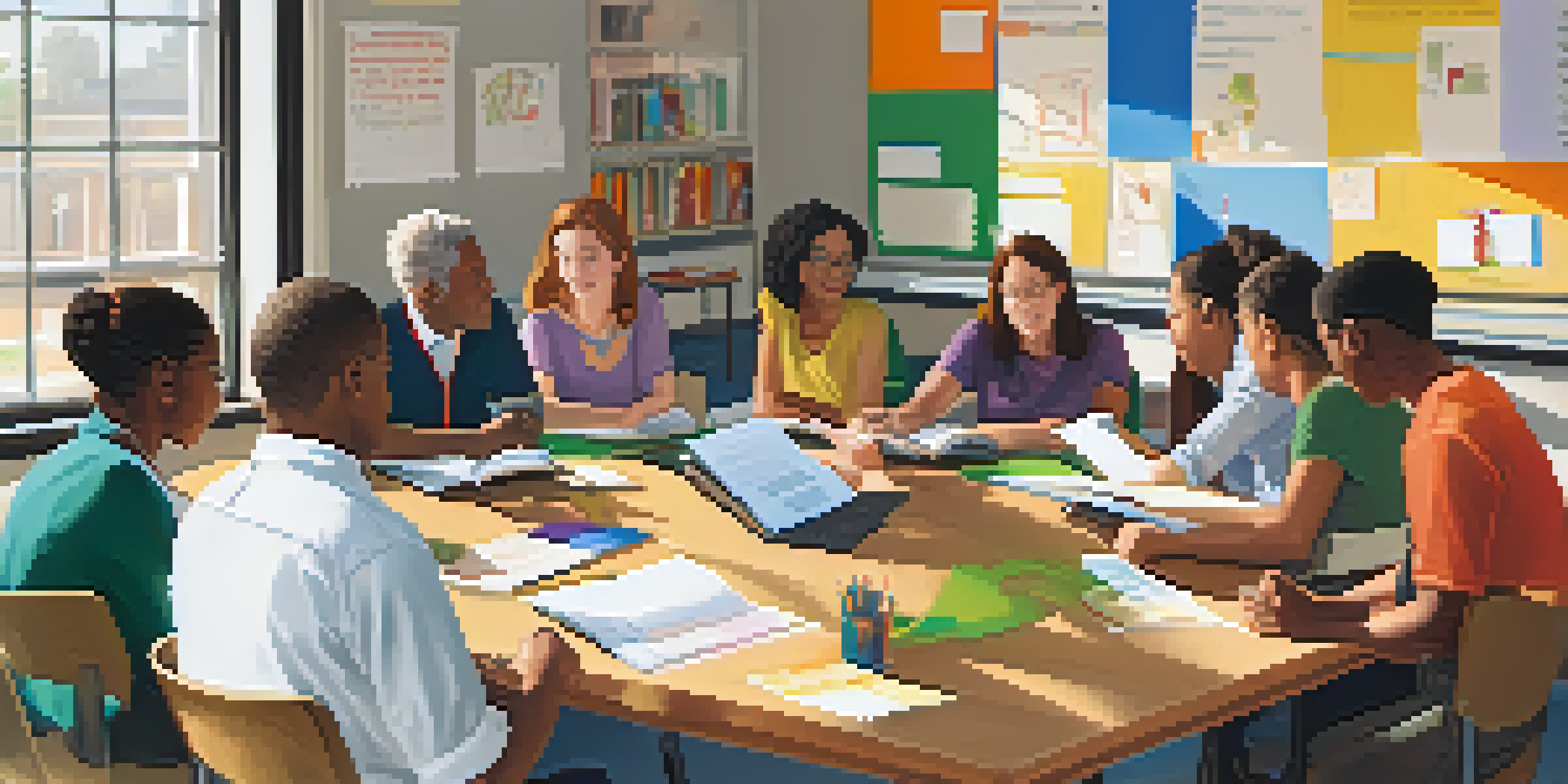 A diverse group of adult learners in a cozy classroom, participating in a group discussion with a whiteboard in the background.