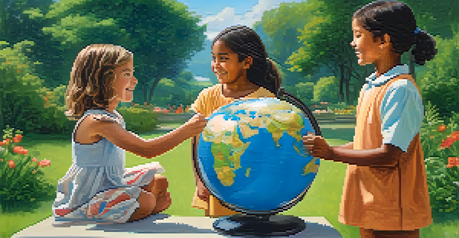 Two children of different backgrounds communicating in a park, with one holding a globe and pointing to countries.