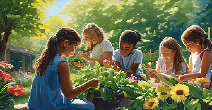 Children exploring and identifying plants in a sunlit garden, surrounded by colorful flowers and greenery.