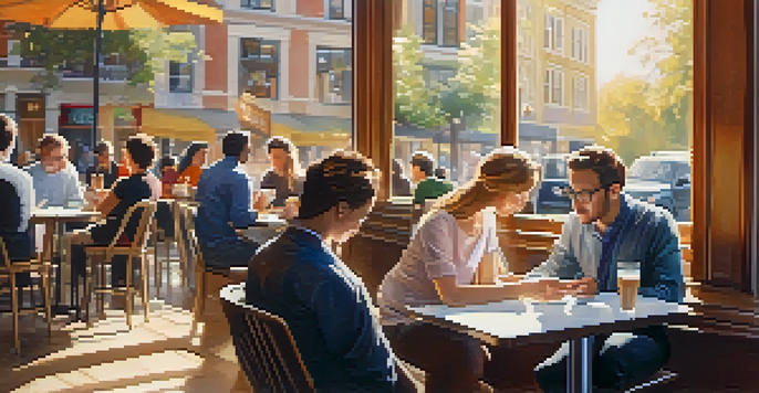 A professional engaging with a microlearning tutorial on their mobile device in a sunny cafe.