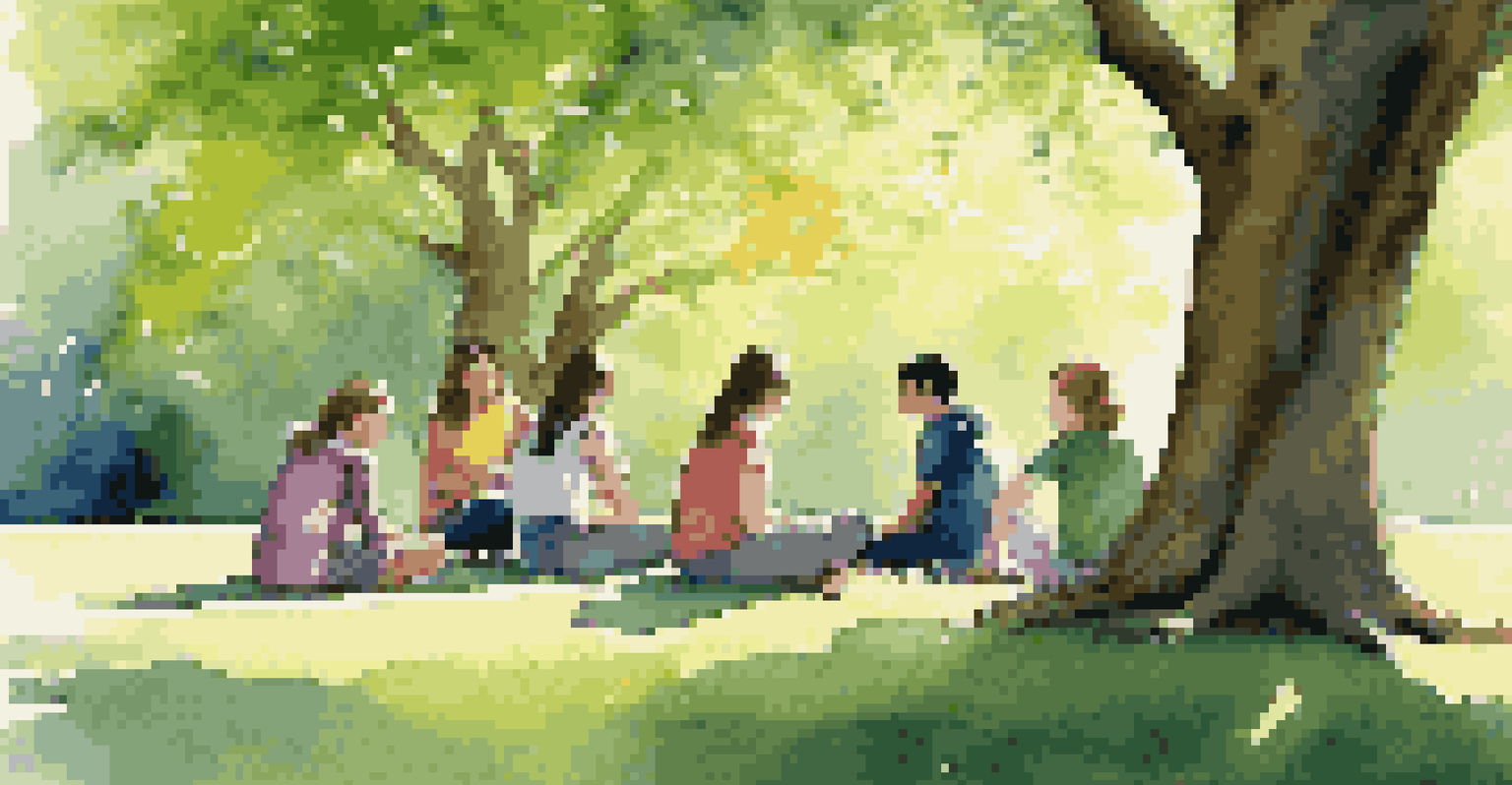 Students in a park practicing mindful observation, surrounded by a majestic tree and colorful flowers, with sunlight creating beautiful shadows.