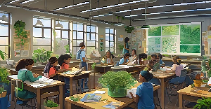 Students of various backgrounds working together in a bright classroom, focused on a sustainability project, surrounded by plants and educational materials.