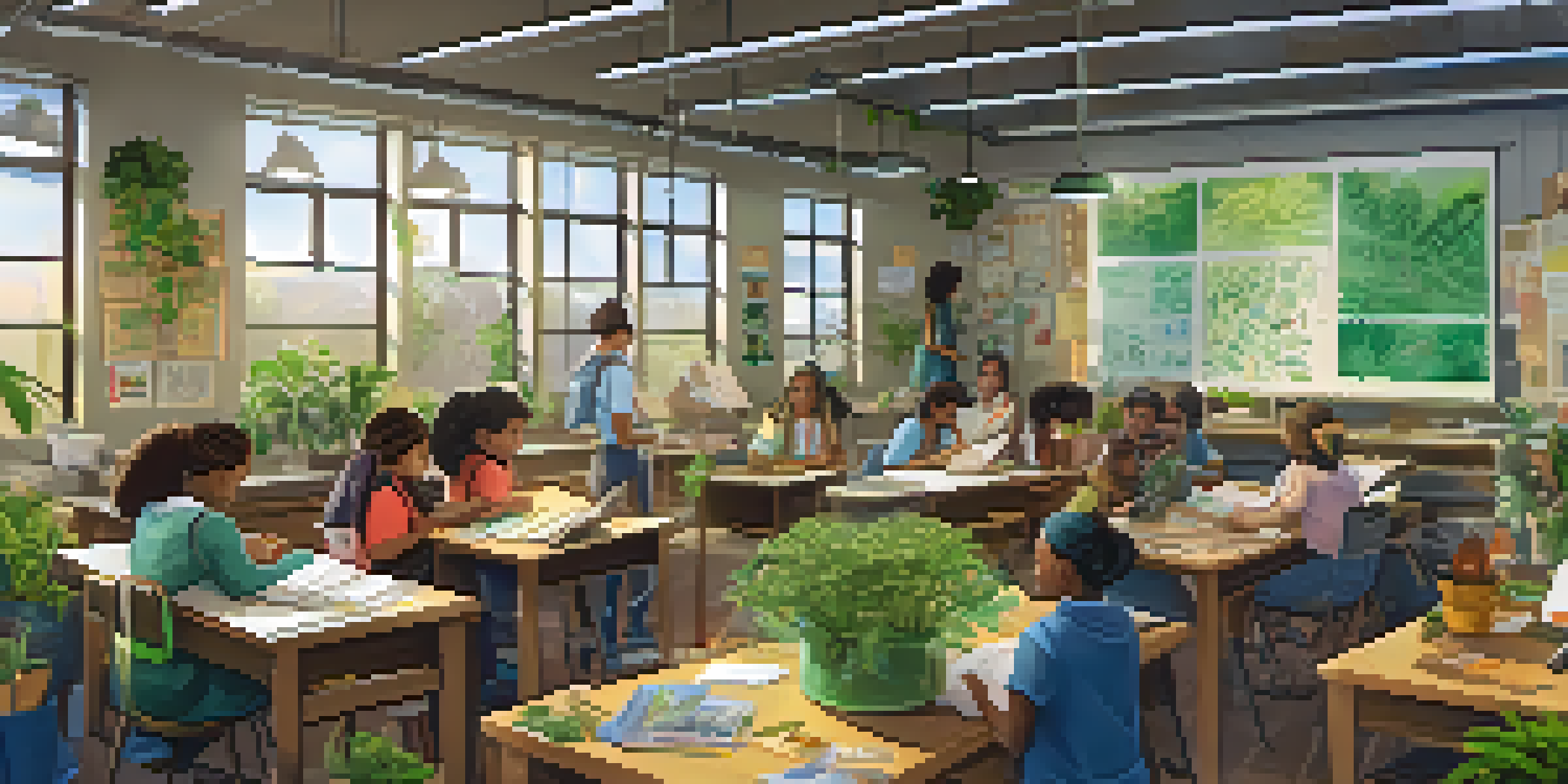 Students of various backgrounds working together in a bright classroom, focused on a sustainability project, surrounded by plants and educational materials.