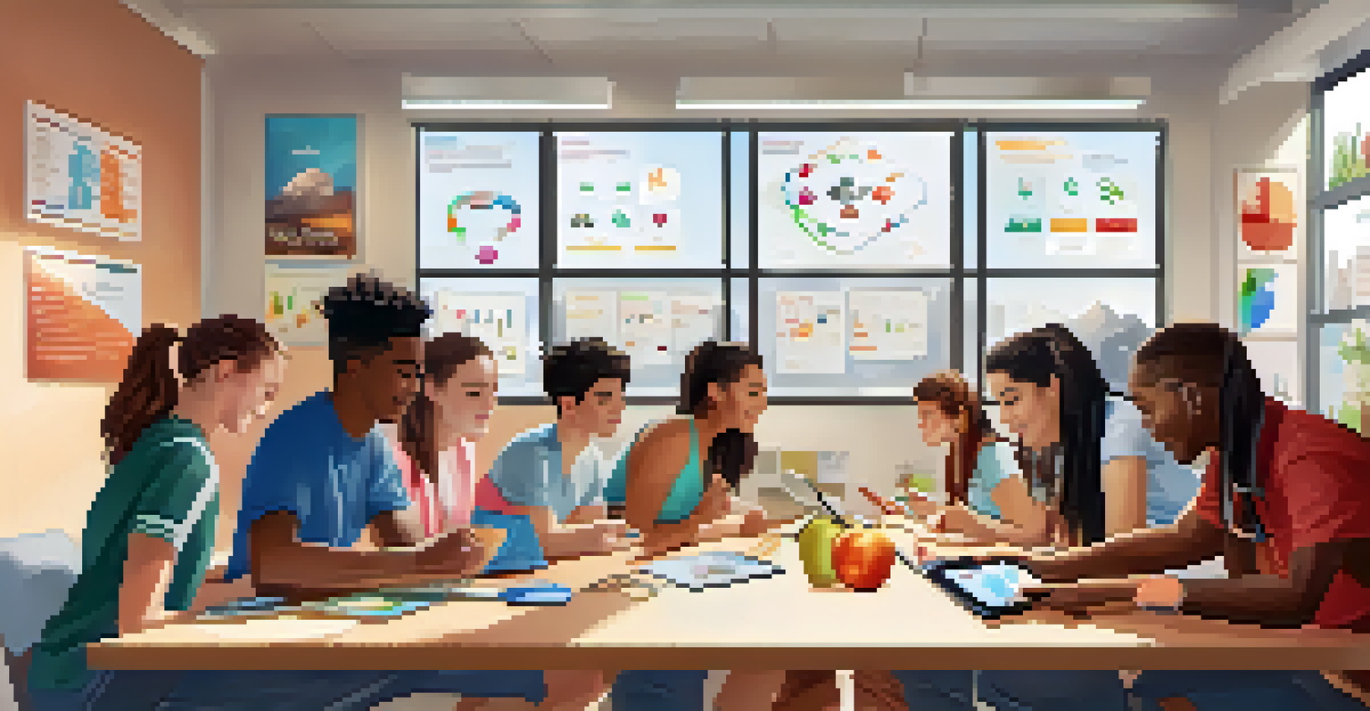 Students in a bright study room using fitness trackers and mobile apps to discuss their health goals, with motivational posters and healthy snacks around them.