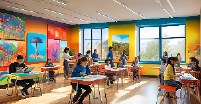 A classroom where students are actively using augmented reality tools to create art, surrounded by colorful paintings and bright natural light.