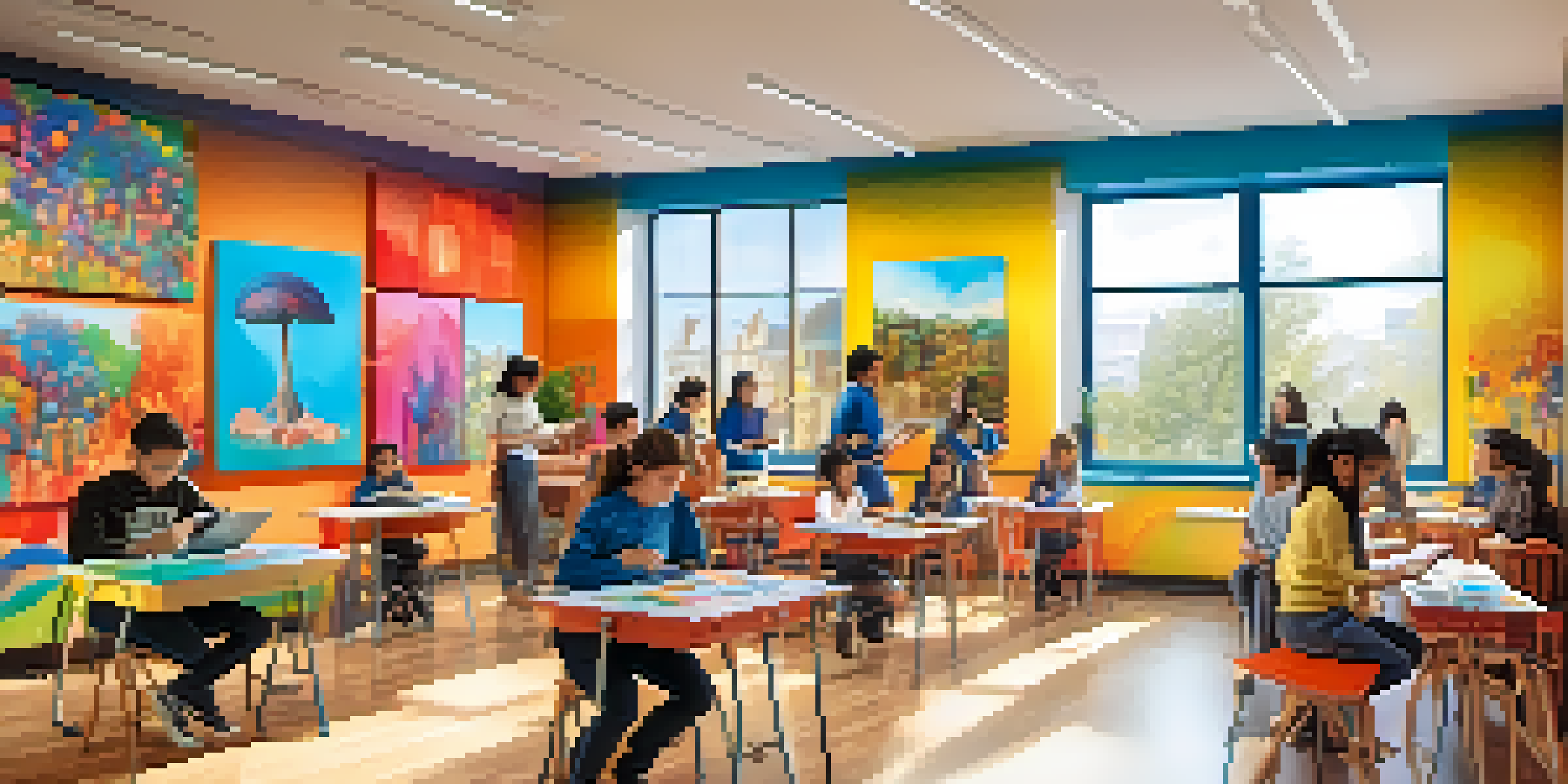 A classroom where students are actively using augmented reality tools to create art, surrounded by colorful paintings and bright natural light.