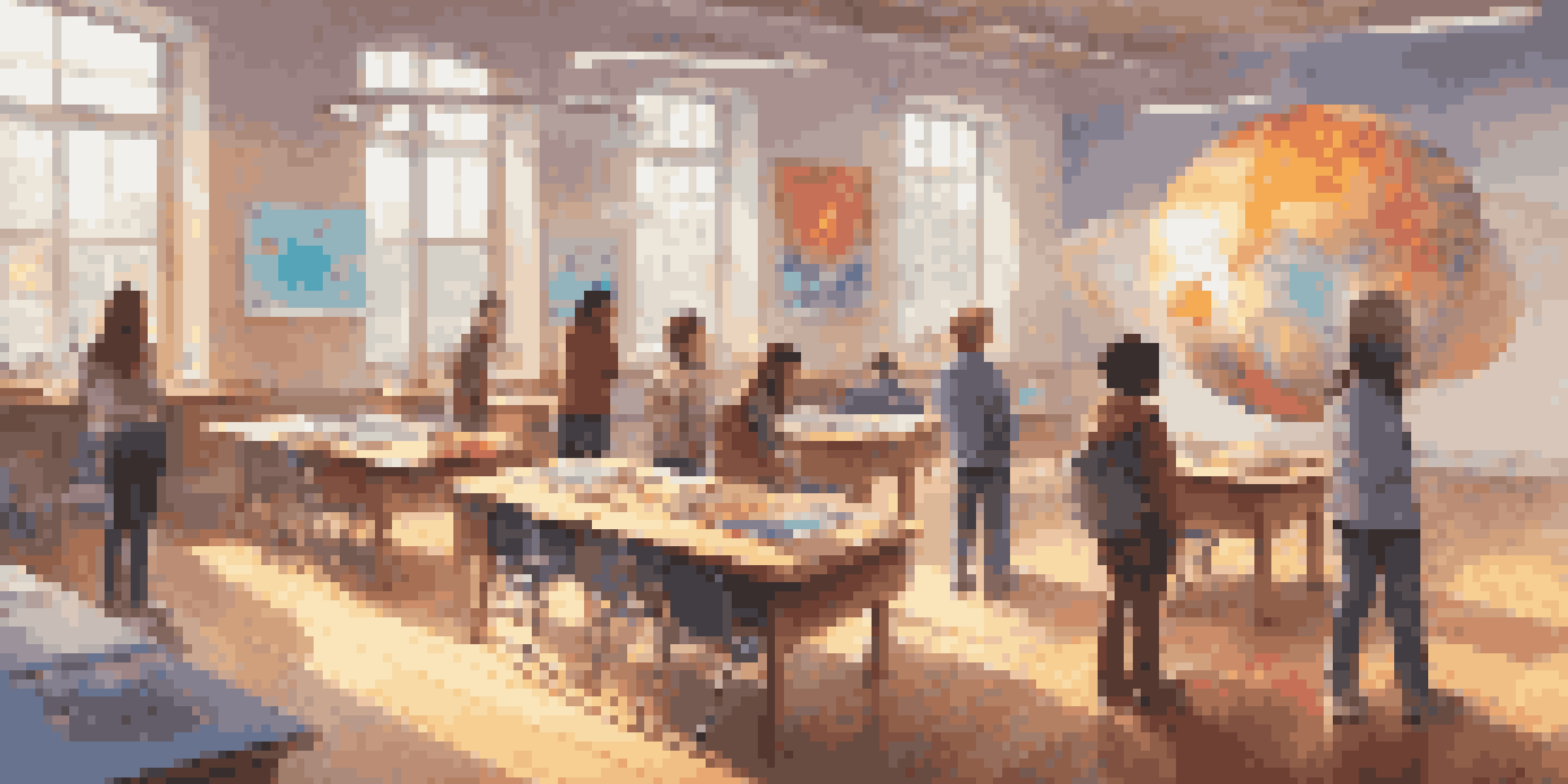 A lively classroom where students are using augmented reality devices to explore 3D models of the human body and planets, with colorful posters on the walls and natural light coming through the windows.