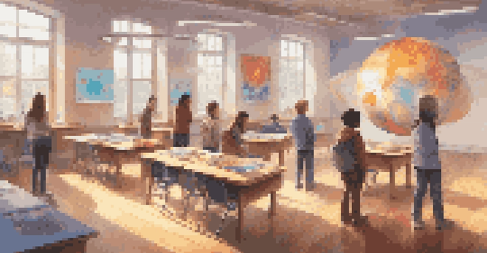 A lively classroom where students are using augmented reality devices to explore 3D models of the human body and planets, with colorful posters on the walls and natural light coming through the windows.
