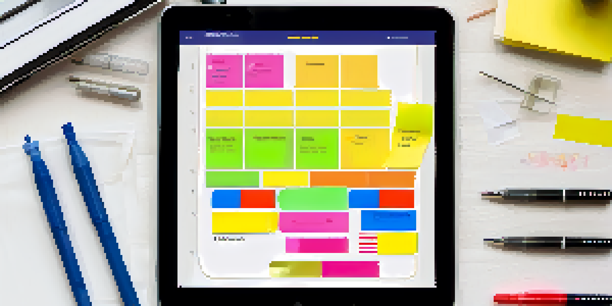 A digital tablet displaying a KWL chart surrounded by colorful stationery items.