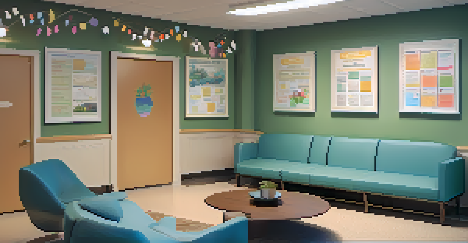 A staff room decorated with motivational posters, where educators are having a supportive discussion about crisis management.