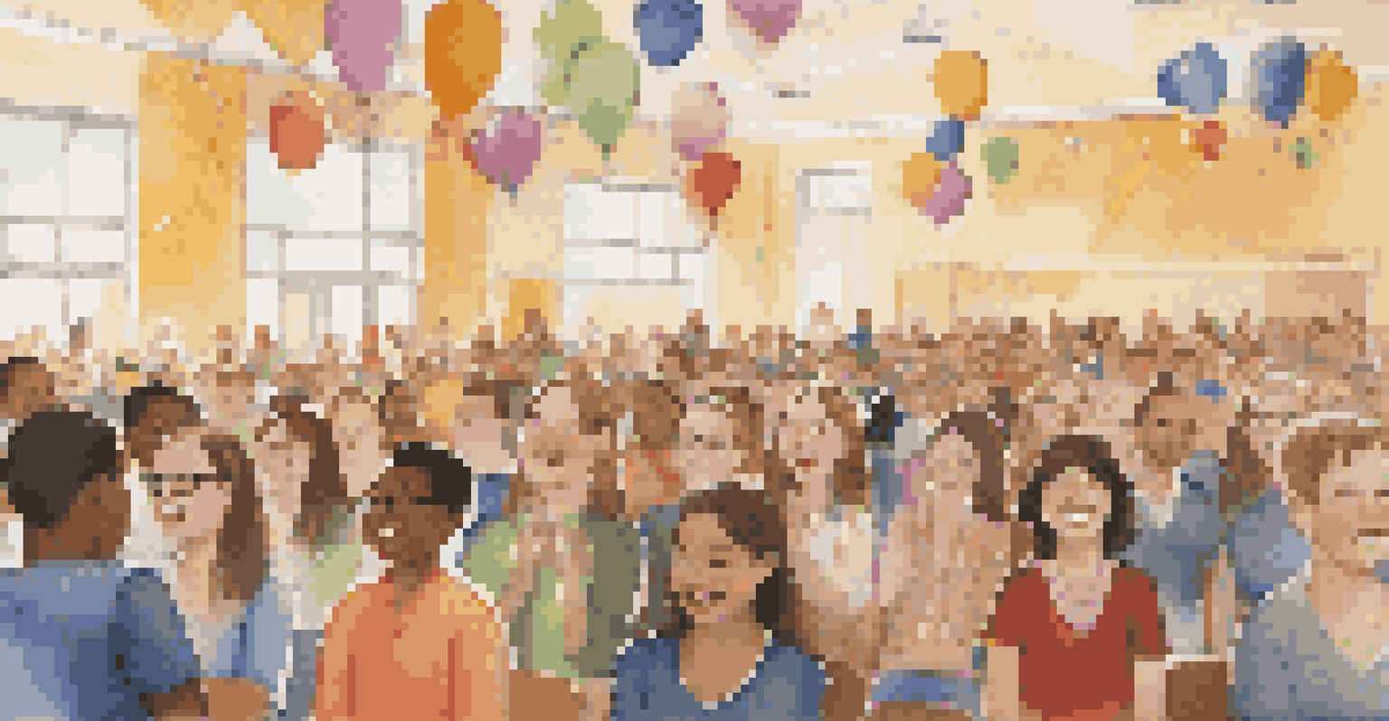 New educators celebrating their achievements in a decorated school auditorium with applauding peers.