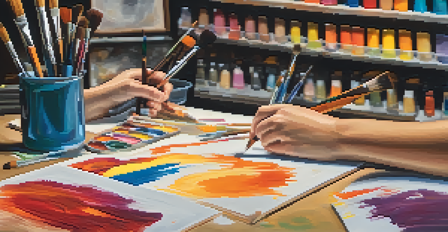 A close-up view of a student's hands working on an art project, surrounded by colorful paints and art supplies, capturing the essence of creativity.