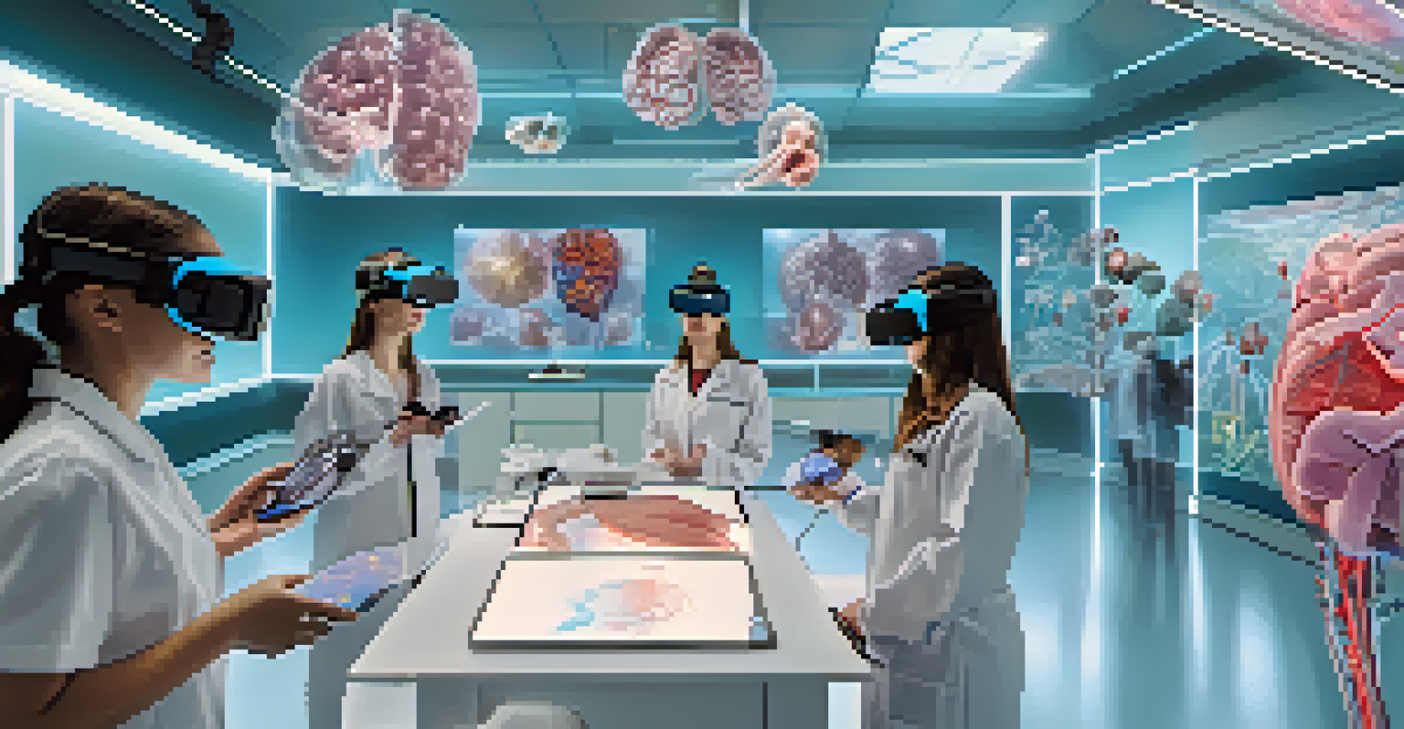 Students wearing VR headsets exploring 3D models of the human body in a high-tech biology lab.