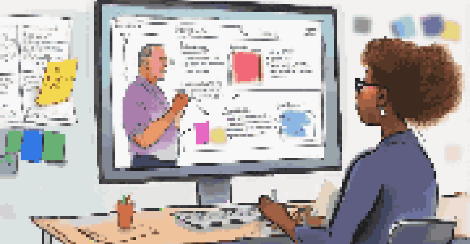 A teacher leading a digital assessment workshop with a laptop and notebooks, surrounded by engaged educators and a whiteboard.