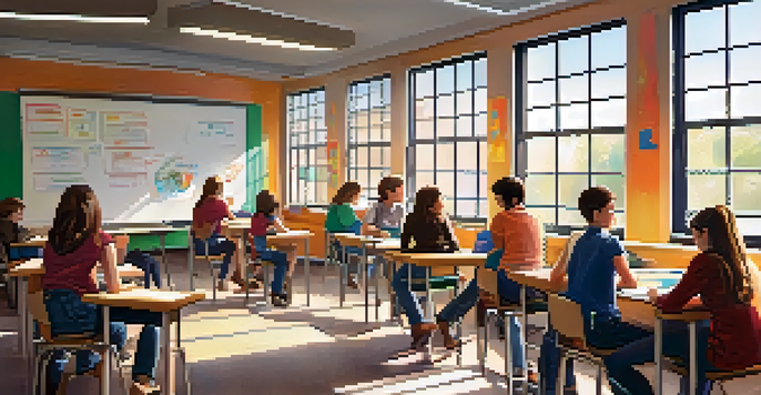 A classroom with students collaborating in groups, discussing problems on a whiteboard with educational materials around them.