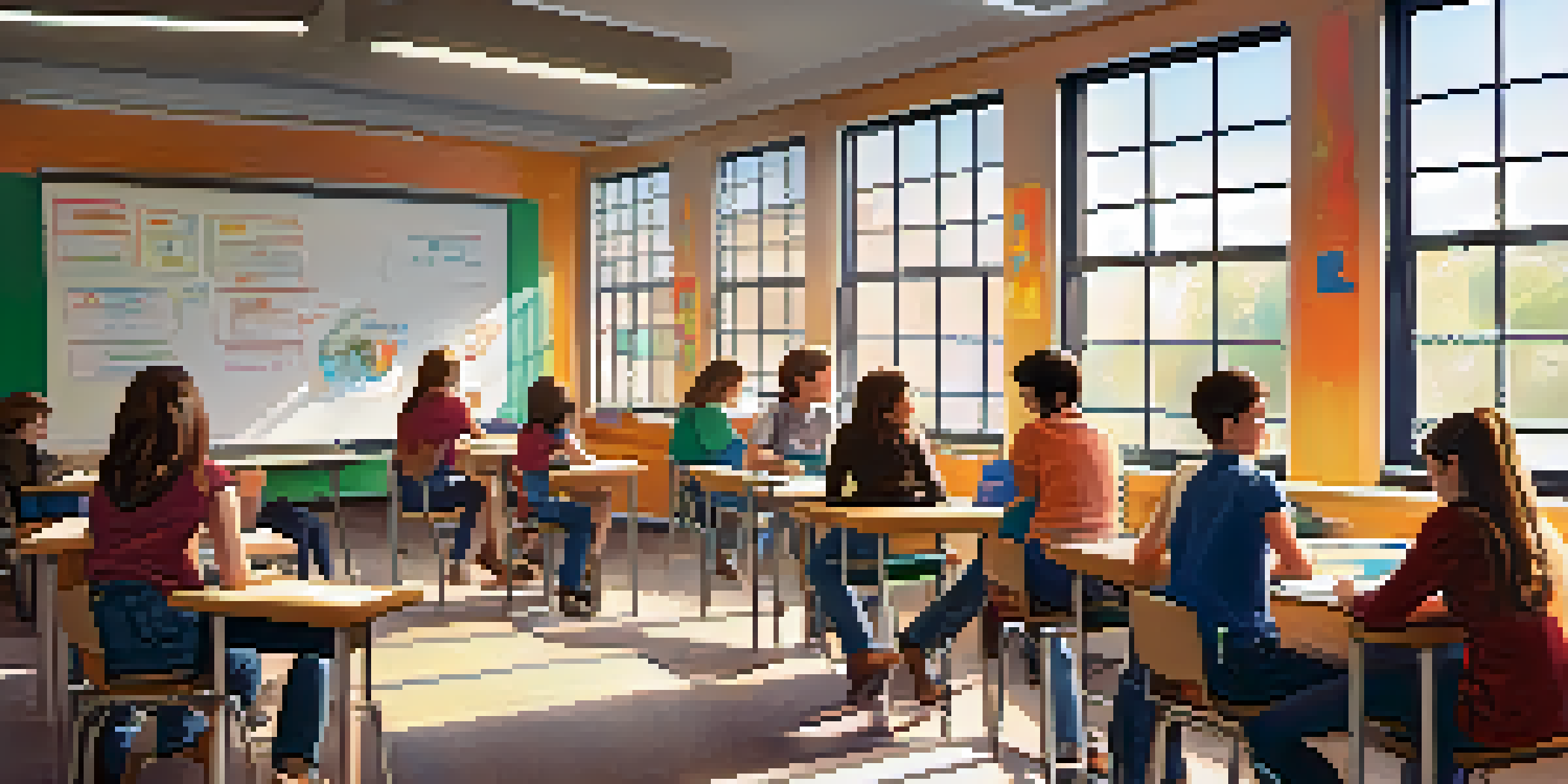 A classroom with students collaborating in groups, discussing problems on a whiteboard with educational materials around them.