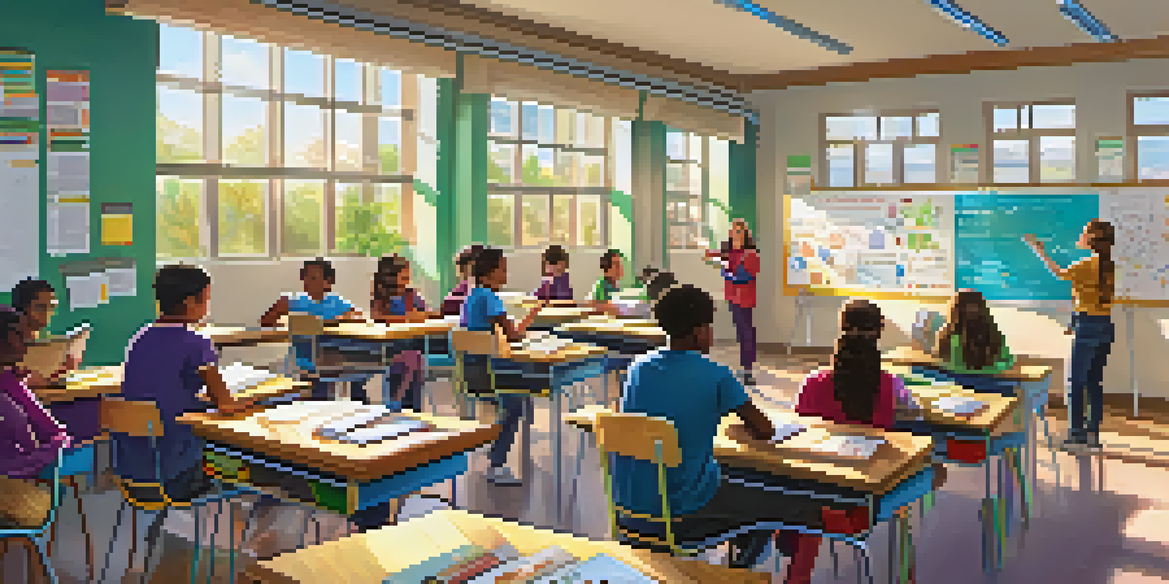 A diverse classroom with students using various learning materials, illuminated by sunlight.