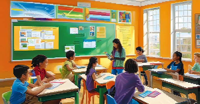 A vibrant classroom filled with diverse students using educational technologies like tablets and interactive whiteboards, with bright colors and natural light.