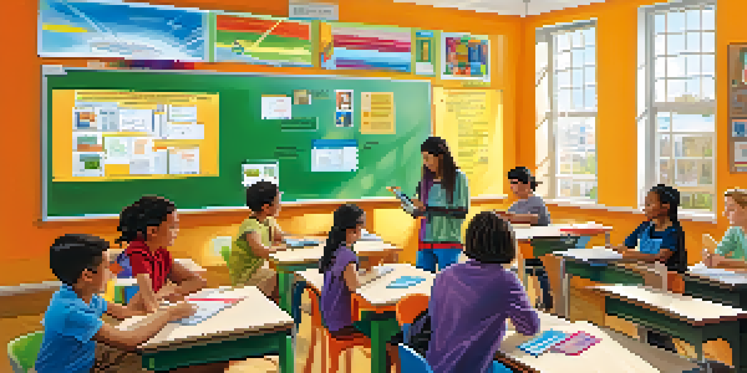 A vibrant classroom filled with diverse students using educational technologies like tablets and interactive whiteboards, with bright colors and natural light.