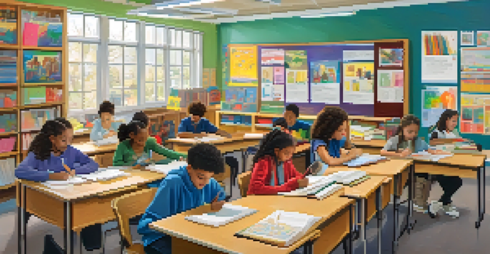 A vibrant classroom with students from different backgrounds collaborating on a project, fostering inclusivity and teamwork.