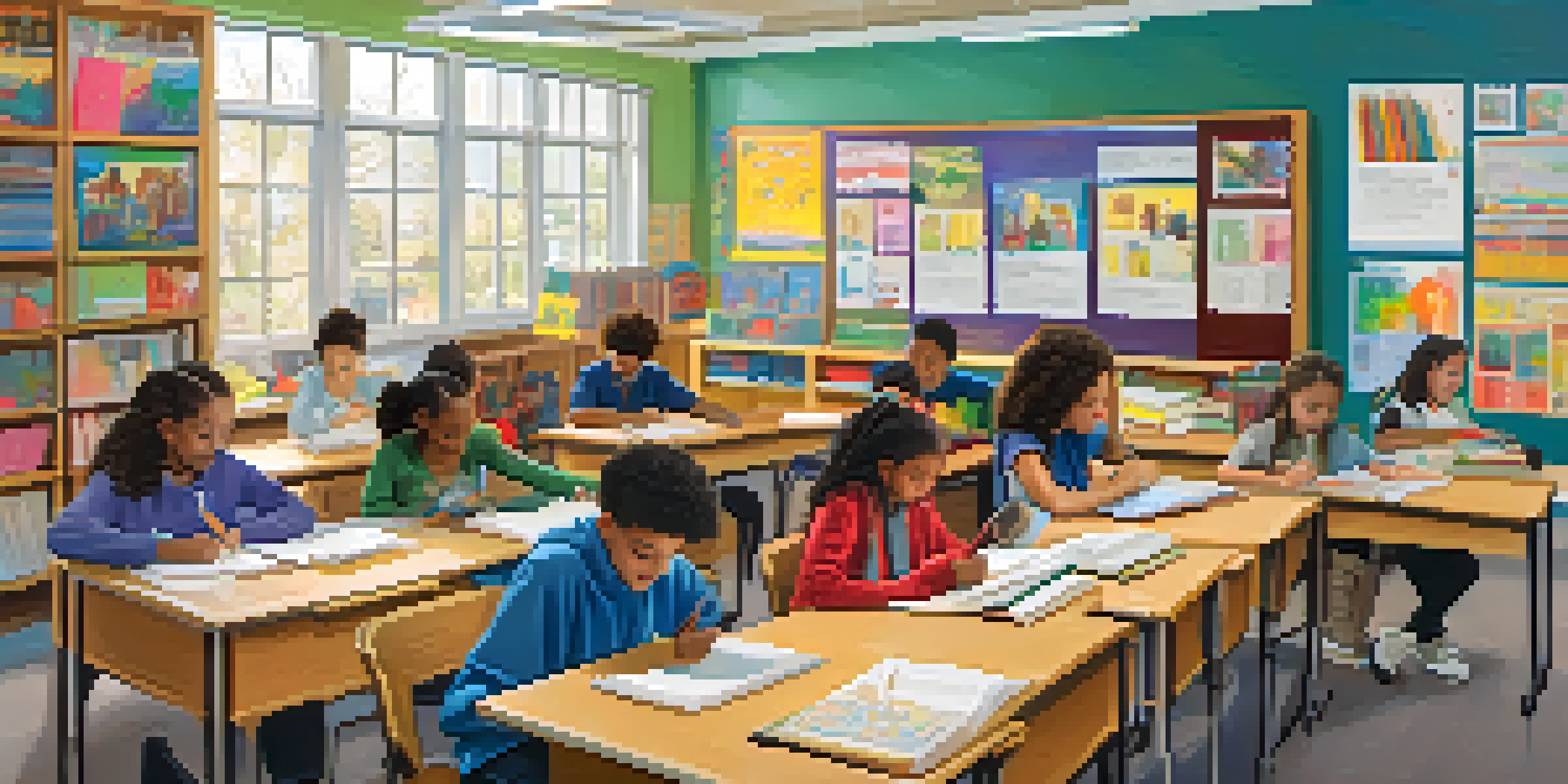 A vibrant classroom with students from different backgrounds collaborating on a project, fostering inclusivity and teamwork.