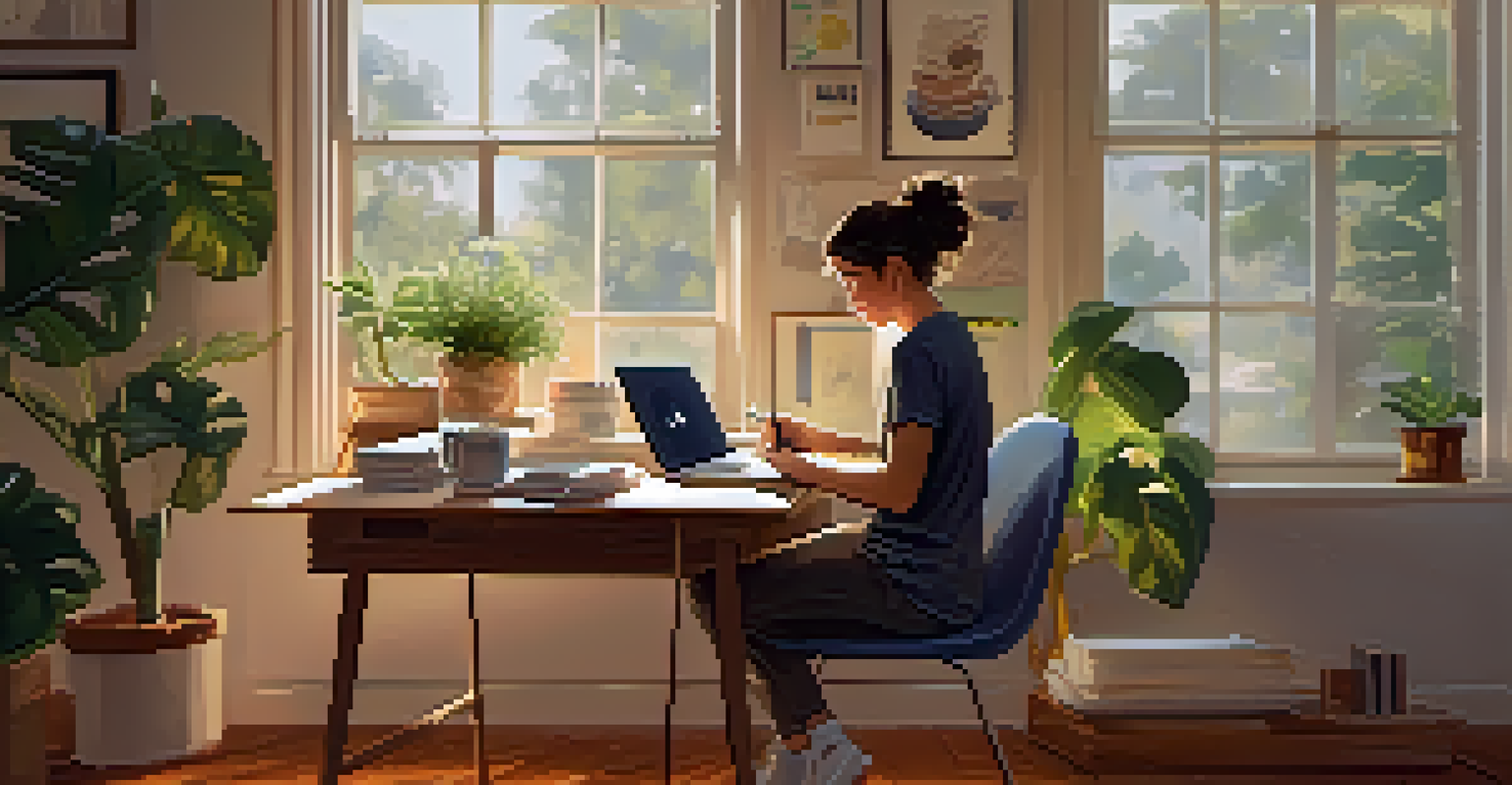 A student sitting at a cozy desk with a laptop, notebooks, and a cup of coffee, engaged in synchronous online learning.