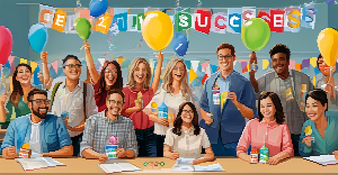 A group of smiling teachers celebrating with awards and snacks in a festive classroom setting.