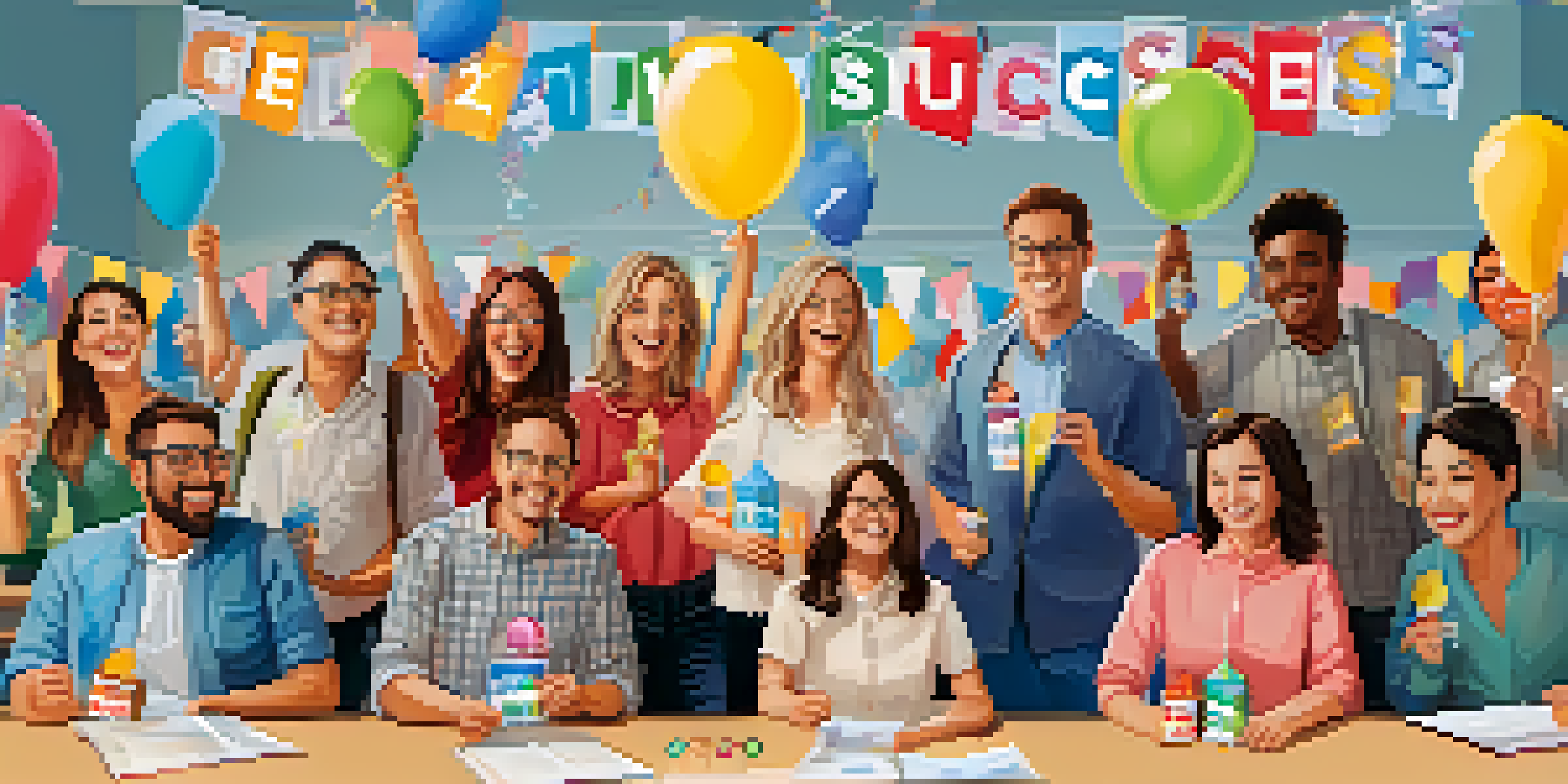 A group of smiling teachers celebrating with awards and snacks in a festive classroom setting.