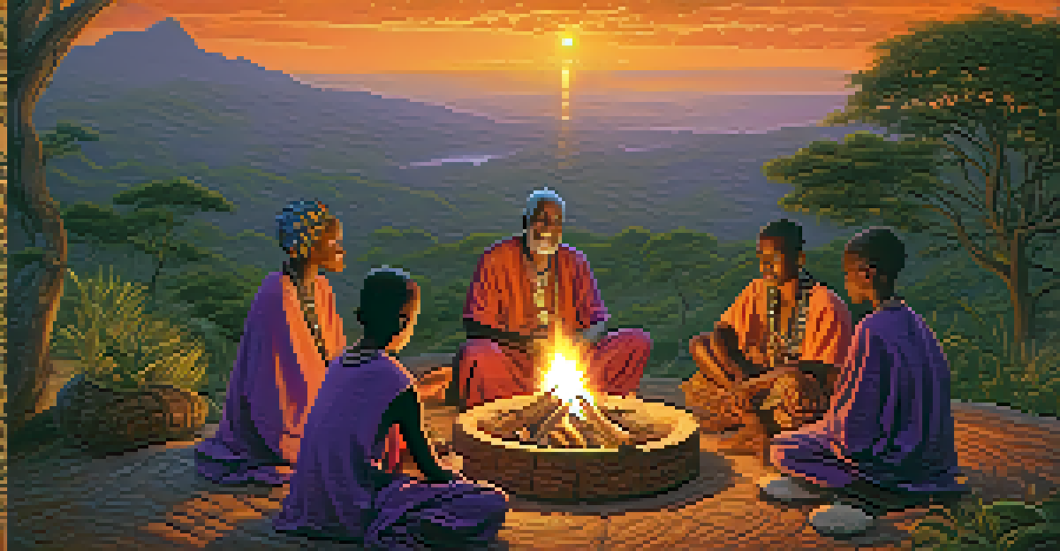 A wise elder telling a folktale to children around a fire at sunset, with lush greenery and warm colors.