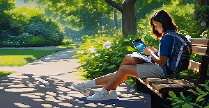 A person studying on a smartphone while sitting on a park bench, surrounded by greenery and sunlight.