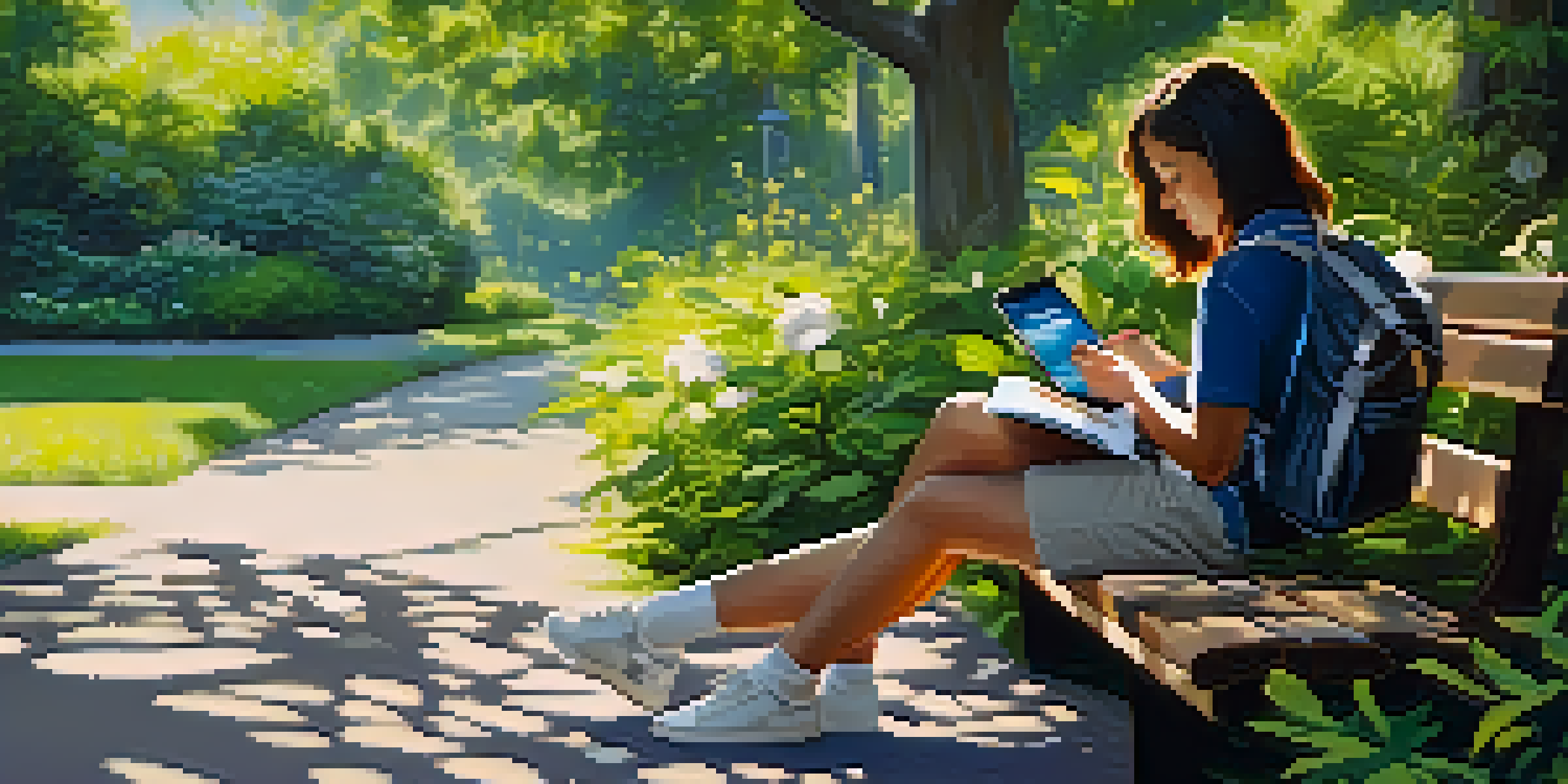 A person studying on a smartphone while sitting on a park bench, surrounded by greenery and sunlight.