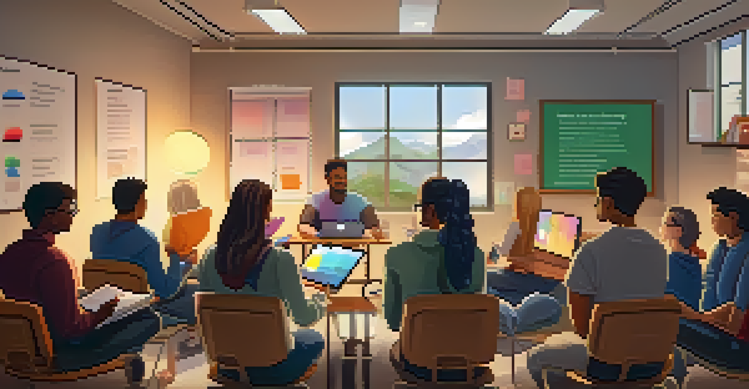 Students and teachers gathered in a cozy workshop, using technology for mental health resources, with soft lighting and supportive decor.