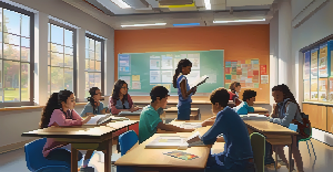 A diverse classroom with students using both textbooks and laptops, a teacher facilitating a discussion, and natural light illuminating the scene.