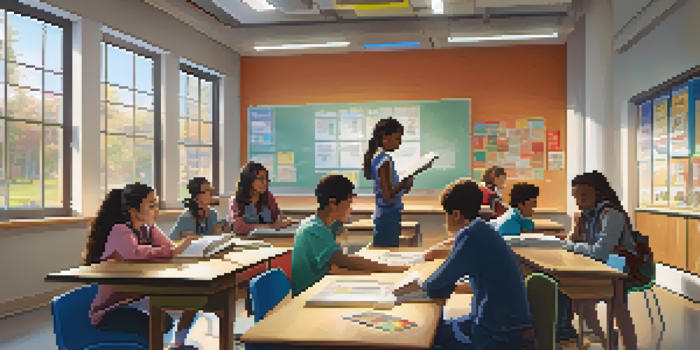 A diverse classroom with students using both textbooks and laptops, a teacher facilitating a discussion, and natural light illuminating the scene.