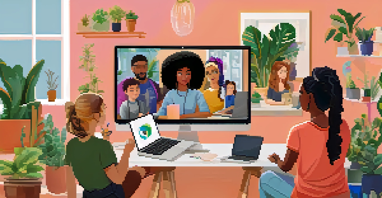 A diverse group of students in various home settings, engaging in an online class through video conferencing.