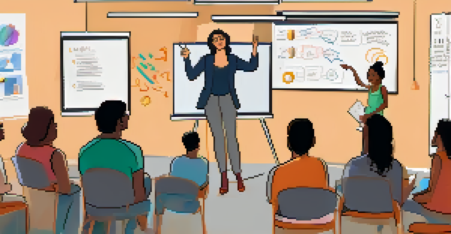 An educator conducting a digital storytelling workshop with engaged participants taking notes and discussing ideas, creating an interactive and collaborative atmosphere.