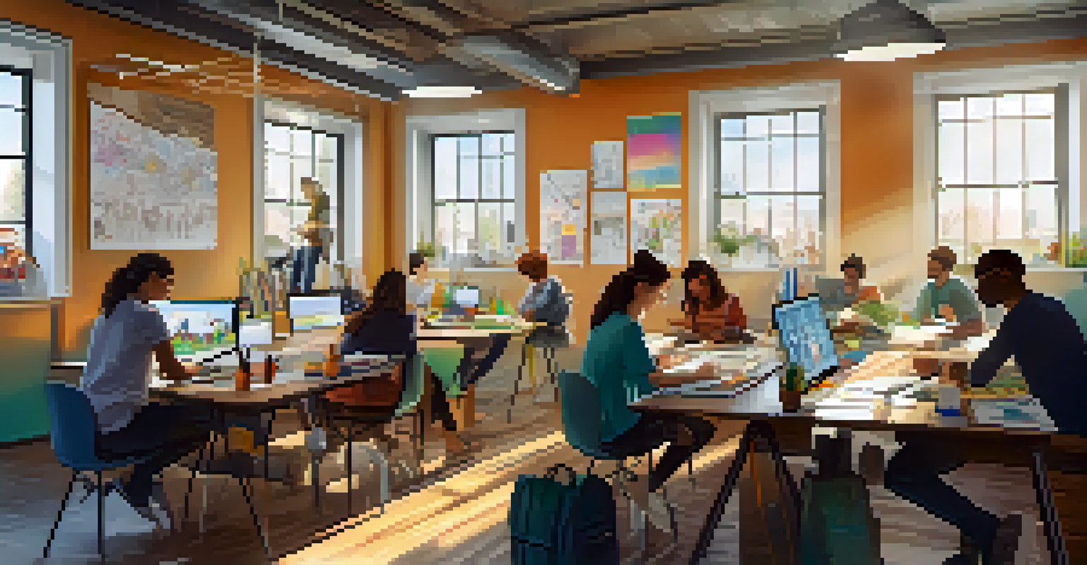 Students collaborating on a group project in a bright, colorful workspace filled with laptops and materials.