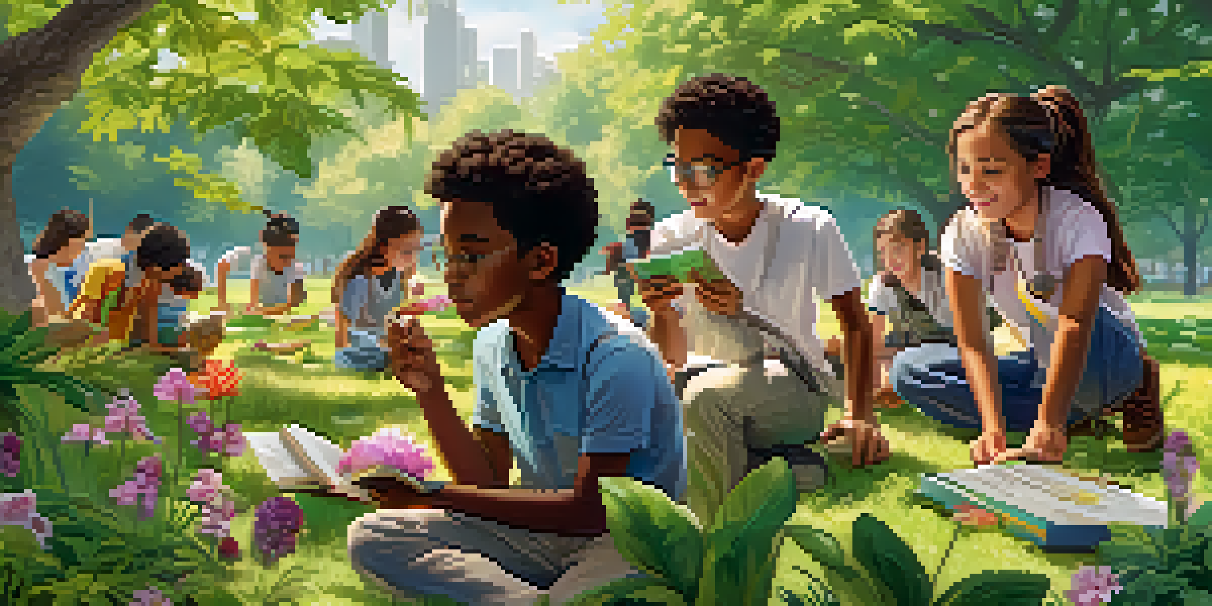 A diverse group of students exploring a park, examining plants and insects under the guidance of a teacher, surrounded by trees and warm sunlight.