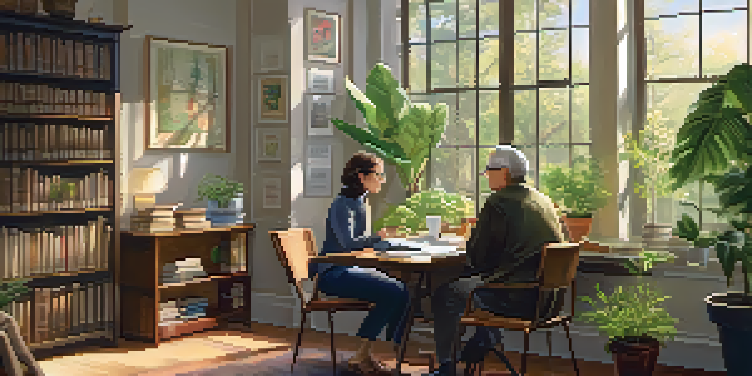 A mentor and mentee engaged in a thoughtful discussion in a cozy office filled with plants and books.