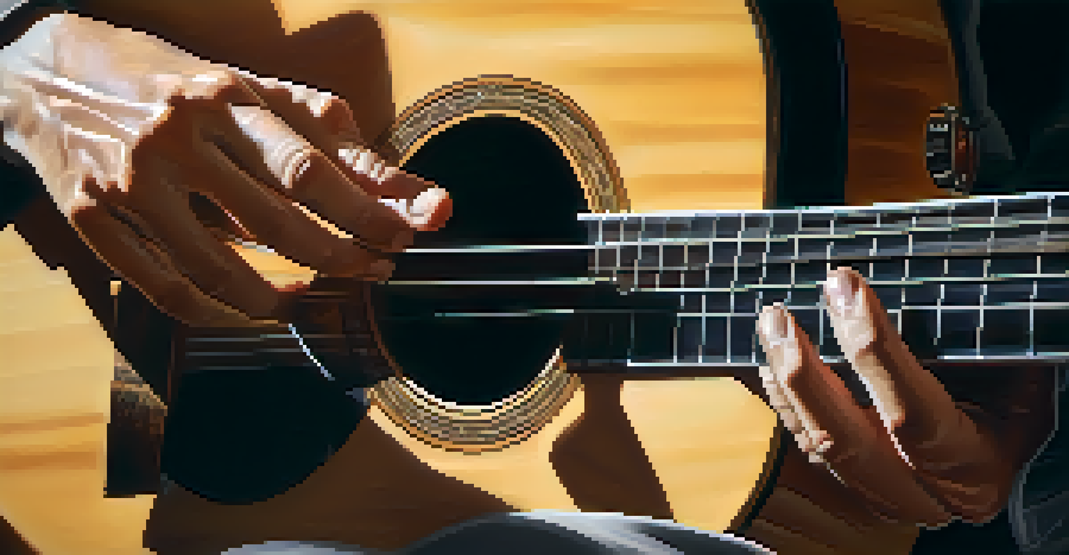 A close-up of a guitarist's hands playing an acoustic guitar, with warm lighting accentuating the instrument's details.